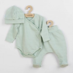 Set 3 piese: body cu maneca lunga pantalonasi cu botosei caciulita Marime 62 Din bumbac 100% New Baby I am Mint