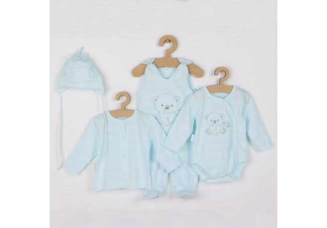 Set 4 piese: bluza body cu maneca lunga salopeta fara maneci caciulita Marime 56 Din bumbac 100% New Baby Sweet Bear Blue