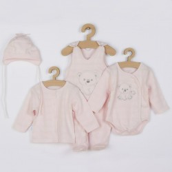 Set 4 piese: bluza body cu maneca lunga salopeta fara maneci caciulita Marime 56 Din bumbac 100% New Baby Sweet Bear Pink