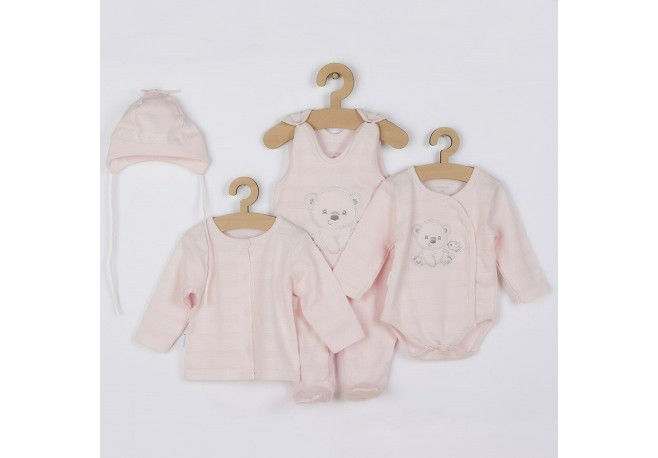 Set 4 piese: bluza body cu maneca lunga salopeta fara maneci caciulita Marime 56 Din bumbac 100% New Baby Sweet Bear Pink