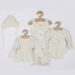 Set 4 piese: bluza body cu maneca lunga salopeta fara maneci caciulita Marime 56 Din bumbac 100% New Baby Sweet Bear Beige