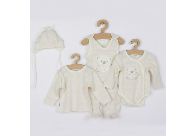 Set 4 piese: bluza body cu maneca lunga salopeta fara maneci caciulita Marime 56 Din bumbac 100% New Baby Sweet Bear Beige