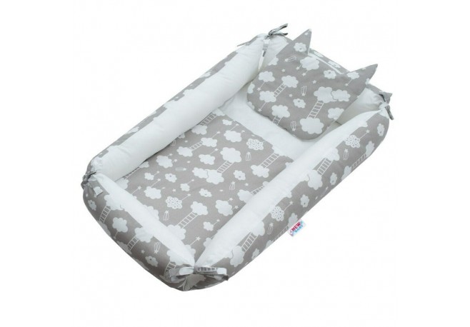 Set 3 piese Baby Nest multifunctional Cu paturica si pernuta cu urechi New Baby Cloud Grey