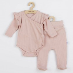 Set 2 piese: body cu maneca lunga si volanas pantaloni cu botosei Marime 56 Din bumbac 100% New Baby Practical Pink