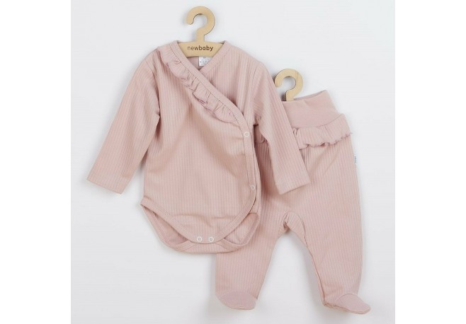 Set 2 piese: body cu maneca lunga si pantalonasi cu botosei Cu volanase Marime 62 Din bumbac 100% New Baby Stripes Pink