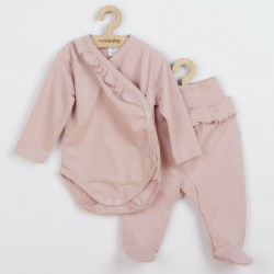 Set 2 piese: body cu maneca lunga si pantalonasi cu botosei Cu volanase Marime 68 Din bumbac 100% New Baby Stripes Pink