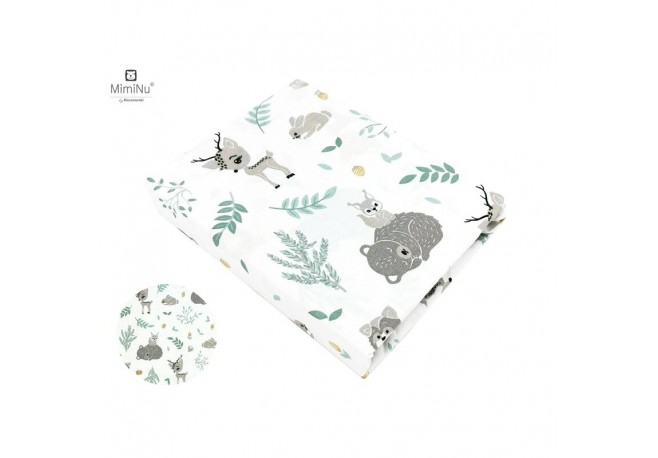 MimiNu - Cearceaf cu elastic pentru patut 120X60 cm Din bumbac certificat Oeko Tex Standard 100 Forest friends Grey/Mint