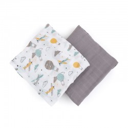 Petite&Mars - Set 2 scutece din muselina de bambus Misty Grey Planes Hipoalergenice Dimensiuni mari 120 x 120 cm Certificate Oek