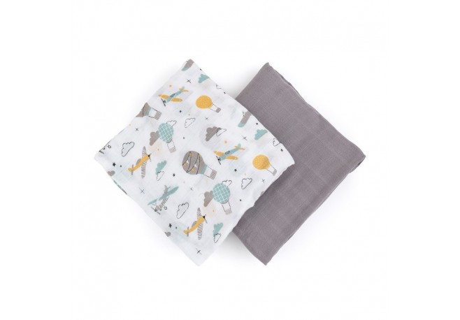 Petite&Mars - Set 2 scutece din muselina de bambus Misty Grey Planes Hipoalergenice Dimensiuni mari 120 x 120 cm Certificate Oek