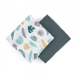 Petite&Mars - Set 2 scutece din muselina de bambus Misty Green Leaves Hipoalergenice Dimensiuni mari 120 x 120 cm Certificate Oe