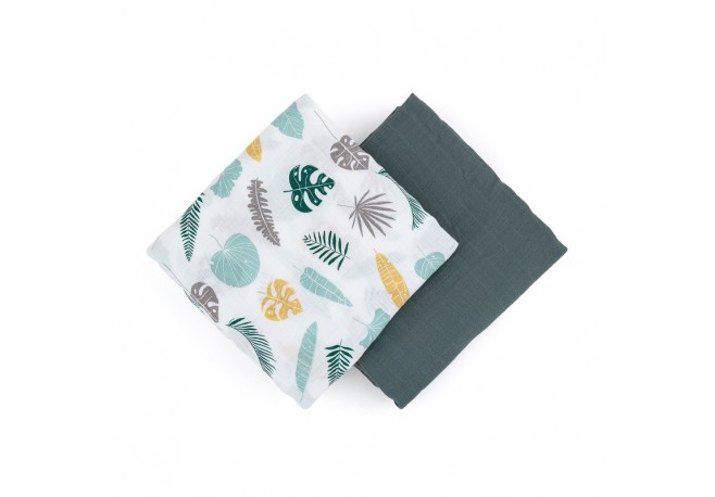 Petite&Mars - Set 2 scutece din muselina de bambus Misty Green Leaves Hipoalergenice Dimensiuni mari 120 x 120 cm Certificate Oe