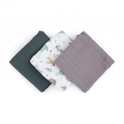 Petite&Mars - Set 3 scutece din muselina de bambus Moussy Grey Planes Hipoalergenice 68 x 68 cm Certificate Oeko Tex Standard 10