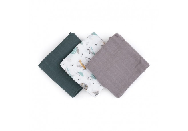 Petite&Mars - Set 3 scutece din muselina de bambus Moussy Grey Planes Hipoalergenice 68 x 68 cm Certificate Oeko Tex Standard 10