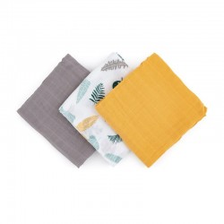 Petite&Mars - Set 3 scutece din muselina de bambus Moussy Ochre Leaves Hipoalergenice 68 x 68 cm Certificate Oeko Tex Standard 1