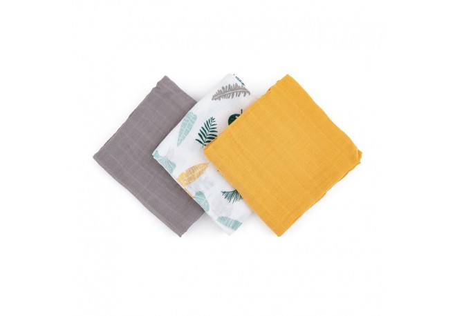 Petite&Mars - Set 3 scutece din muselina de bambus Moussy Ochre Leaves Hipoalergenice 68 x 68 cm Certificate Oeko Tex Standard 1