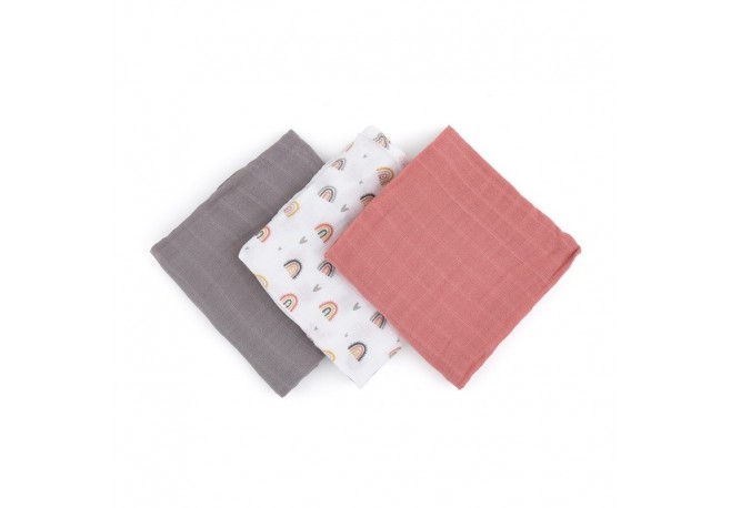 Petite&Mars - Set 3 scutece din muselina de bambus Moussy Rose Rainbow Hipoalergenice 68 x 68 cm Certificate Oeko Tex Standard 1