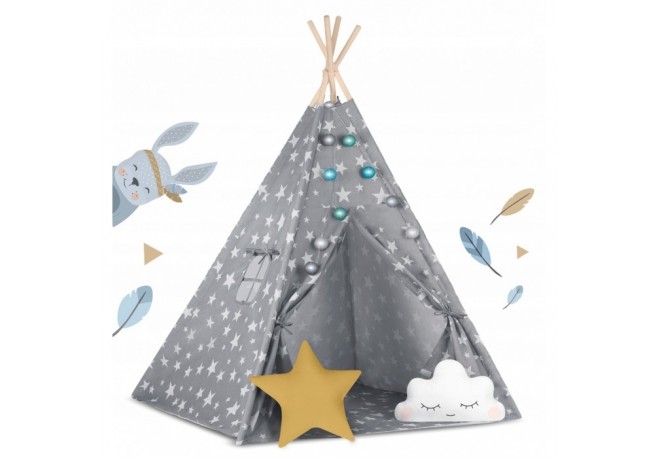 Cort de joaca pentru copii cu lumini si 2 pernite Nukido 120 x 120 x 165 cm - Gri cu stelute