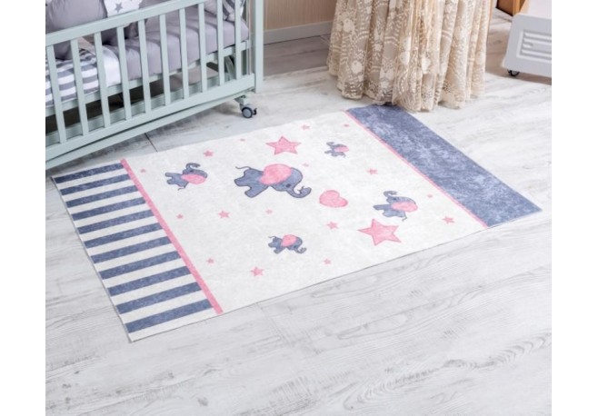Set Lenjerie MyKids 9 piese Elephant gri-roz fara baldachin 120x60 cm + Covoras Mykids Carpet VP03 160x100 cm