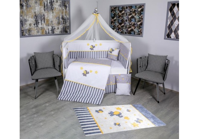 Set Lenjerie MyKids 11 piese Elephant gri-galben cu baldachin 120x60 cm + Covoras Mykids Carpet VP02 160x100 cm