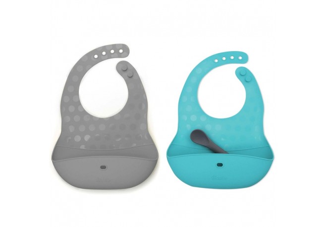 Set 2 bavete portabile cu buzunar Poket Cu lingurita inclusa Fara BPA Bbluv Aqua/Grey