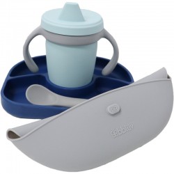Set de masa complet Set Include farfurie compartimentata baveta portabila cu buzunar canuta si lingurita Silicon Fara BPA Bbluv 