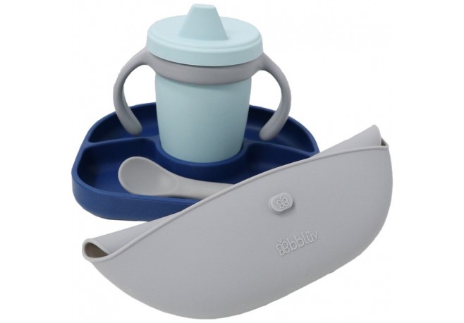 Set de masa complet Set Include farfurie compartimentata baveta portabila cu buzunar canuta si lingurita Silicon Fara BPA Bbluv 