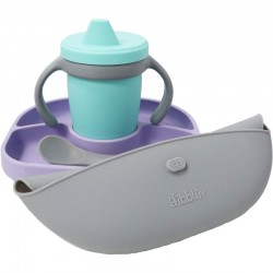 Set de masa complet Set Include farfurie compartimentata baveta portabila cu buzunar canuta si lingurita Silicon Fara BPA Bbluv 