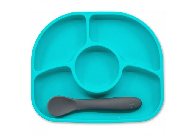 Set de masa Yumi Farfurie compartimentata si lingurita Cu 4 compartimente Fara BPA Bbluv Aqua