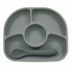 Set de masa Yumi Farfurie compartimentata si lingurita Cu 4 compartimente Fara BPA Bbluv Grey