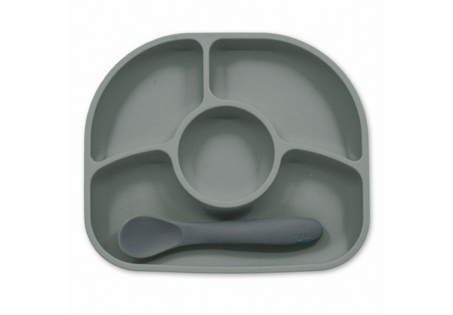 Set de masa Yumi Farfurie compartimentata si lingurita Cu 4 compartimente Fara BPA Bbluv Grey