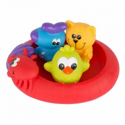 Set 3 animalute de baie si barca plutitoare Fara gauri Cu gentuta pentru transport Fara BPA Splash and Float Friends Playgro Mul