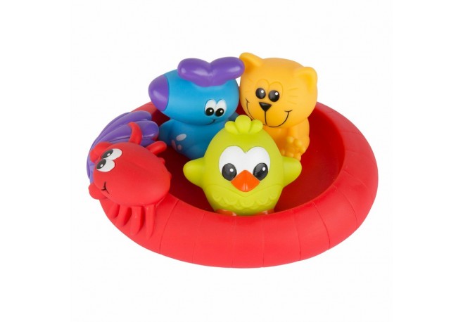 Set 3 animalute de baie si barca plutitoare Fara gauri Cu gentuta pentru transport Fara BPA Splash and Float Friends Playgro Mul