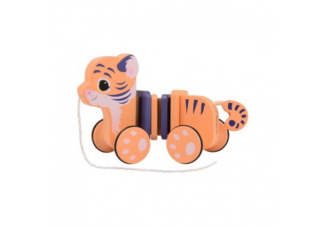 Joueco - Jucarie de tras tigru Colectia The Wildies Family Din lemn certificat FSC 26 x 10 x 15 cm 12 luni+ Multicolor