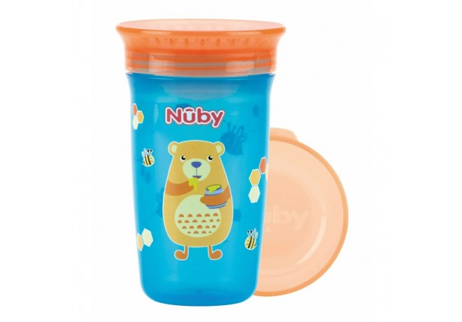 Nuby - Cana magica 360 Cu supapa din silicon Cu capac 300 ml 6+ luni Albastru/Portocaliu