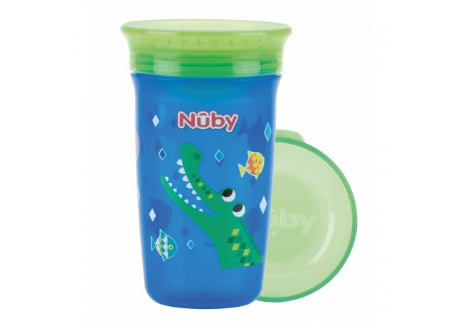 Nuby - Cana magica 360 Cu supapa din silicon Cu capac 300 ml 6+ luni Albastru/Verde