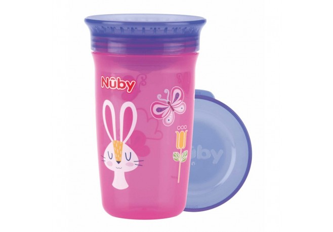 Nuby - Cana magica 360 Cu supapa din silicon Cu capac 300 ml 6+ luni Roz/Mov