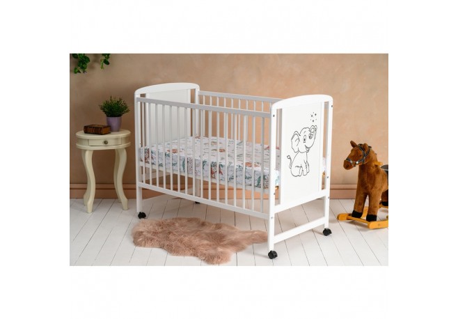 Qmini - Patut din lemn Timmi Elephant 120x60 cm Din lemn de pin si mdf Stabil si rezistent Inaltime saltea reglabila pe 3 nivele