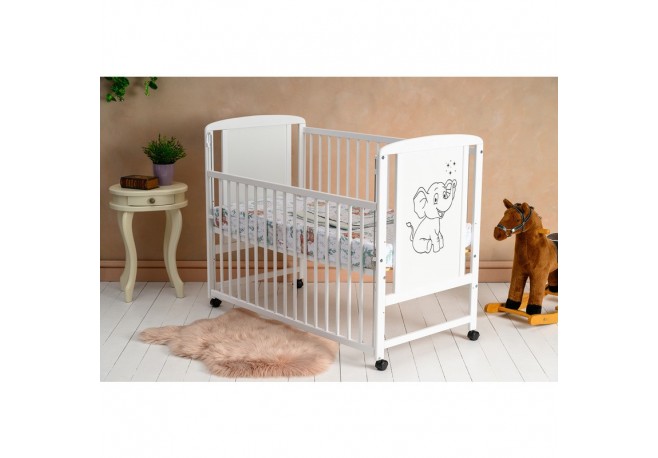 Qmini - Patut din lemn Timmi Elephant 120x60 cm Cu laterala culisanta Din lemn de pin si mdf Stabil si rezistent Inaltime saltea