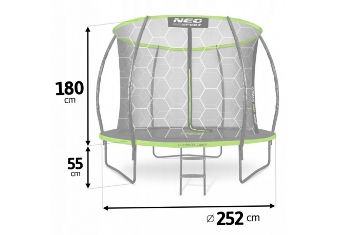Trambulina de gradina cu plasa interioara stalpi si scara 252 cm (8FT) Neo-Sport NS-08C221 - Verde