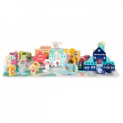 Set educational cu blocuri din lemn si covoras 121 piese City Ecotoys MA802