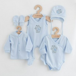Set 5 piese Salopeta fara maneci jacheta body cu maneca lunga caciulita manusi Marime 50 Din bumbac 100% New Baby Classic Blue