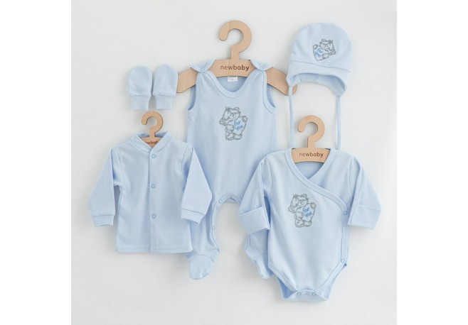 Set 5 piese Salopeta fara maneci jacheta body cu maneca lunga caciulita manusi Marime 50 Din bumbac 100% New Baby Classic Blue