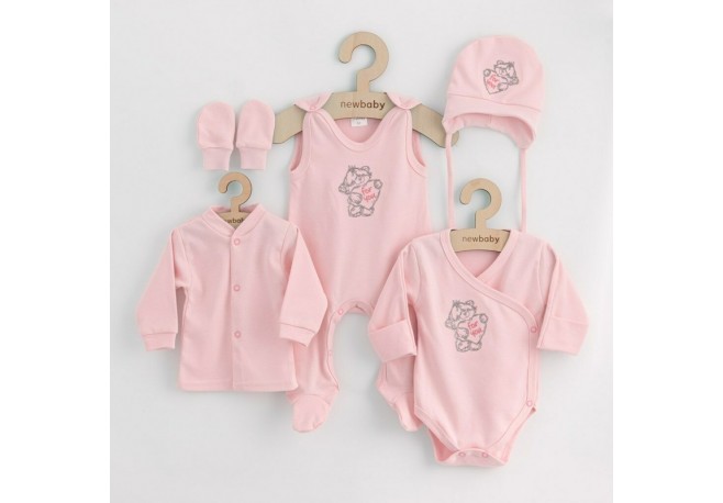 Set 5 piese Salopeta fara maneci jacheta body cu maneca lunga caciulita manusi Marime 50 Din bumbac 100% New Baby Classic Pink