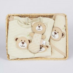 Set cadou 5 piese din bumbac organic salopeta baveta paturica cu gluga jucarie Marime 0 - 3 luni New Baby Beige