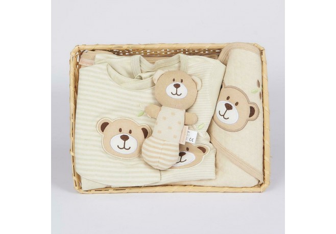 Set cadou 5 piese din bumbac organic salopeta baveta paturica cu gluga jucarie Marime 0 - 3 luni New Baby Beige