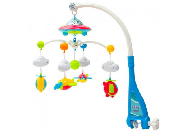 Carusel muzical pentru patut bebelusi Cu proiectii Cu 107 melodii si sunete ale naturii Cu 4 jucarii Baby Mix Blue