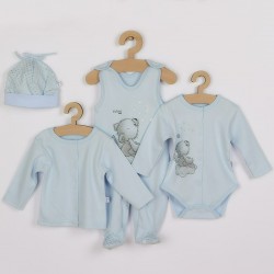 Set 4 piese Salopeta fara maneci jacheta body cu maneca lunga caciulita Marime 56 Din bumbac 100% New Baby Angel Blue
