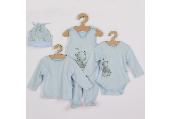 Set 4 piese Salopeta fara maneci jacheta body cu maneca lunga caciulita Marime 56 Din bumbac 100% New Baby Angel Blue