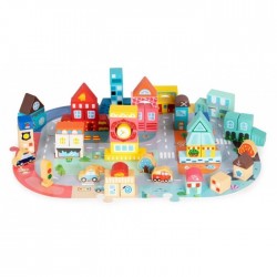 Set educational cu blocuri din lemn si covoras tip puzzle 88 piese City Ecotoys MA705