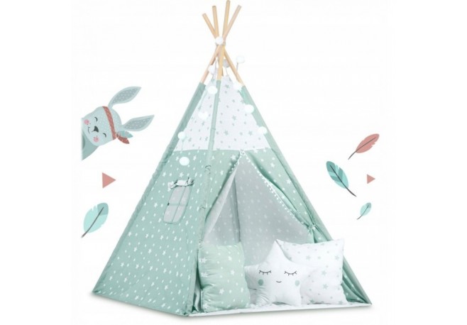 Cort de joaca pentru copii cu ghirlanda lumini si 3 pernite Nukido 120 x 120 x 165 cm - Mint